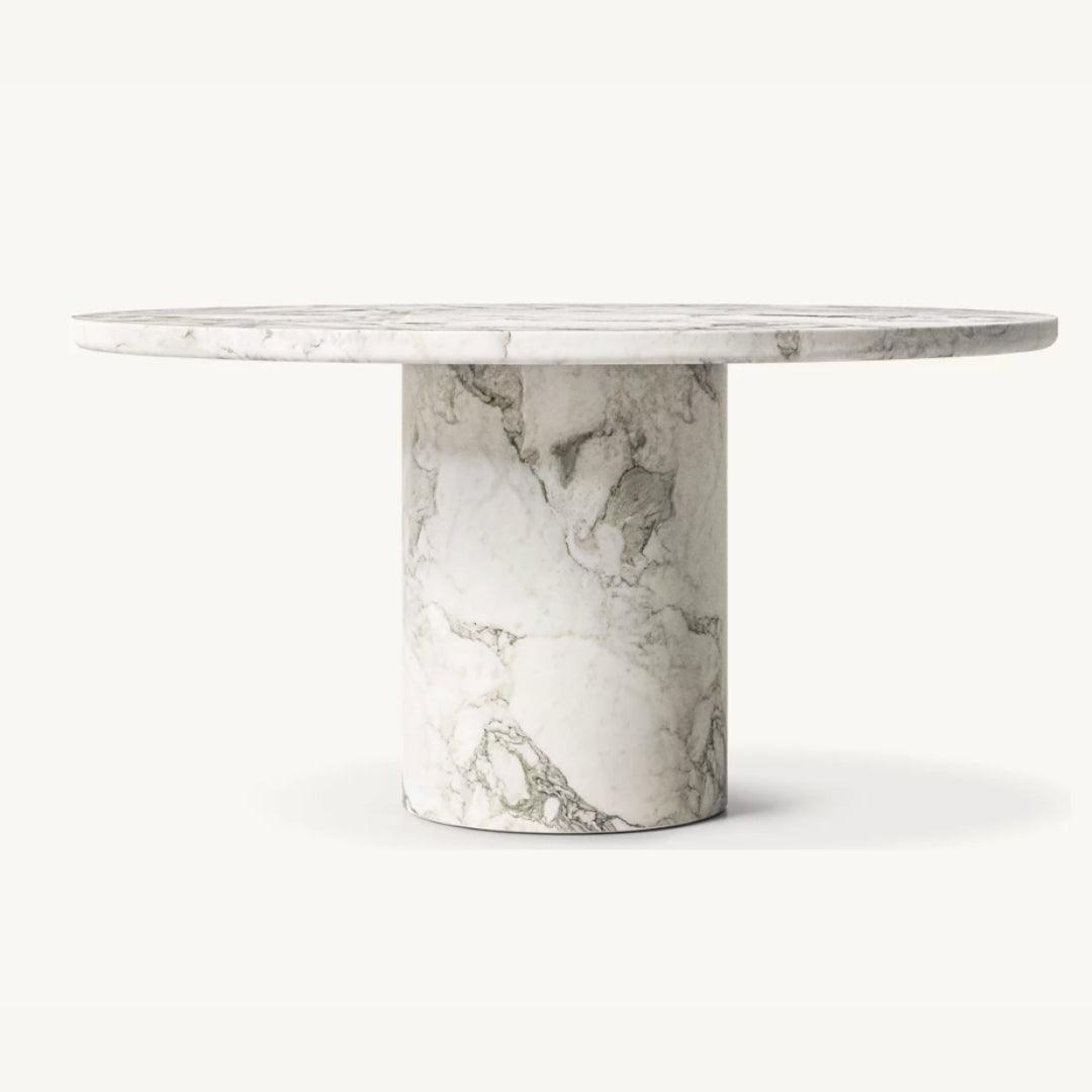 Albino Arabescato marble dining table with a round marble top and cylindrical base, perfect for modern and luxury dining spaces in UAE homes.