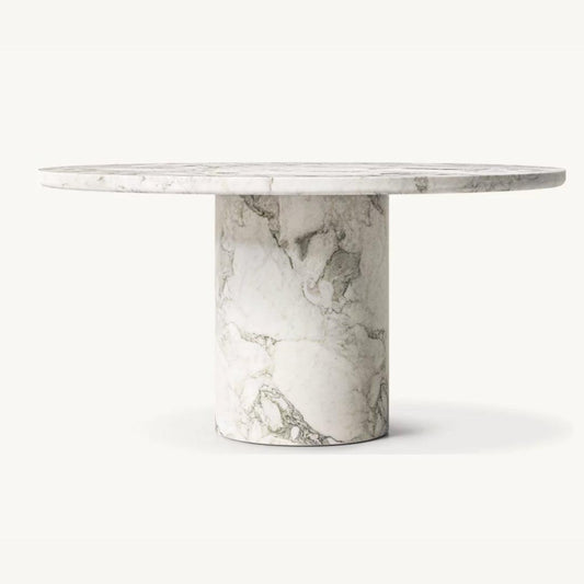 Albino Arabescato marble dining table with a round marble top and cylindrical base, perfect for modern and luxury dining spaces in UAE homes.