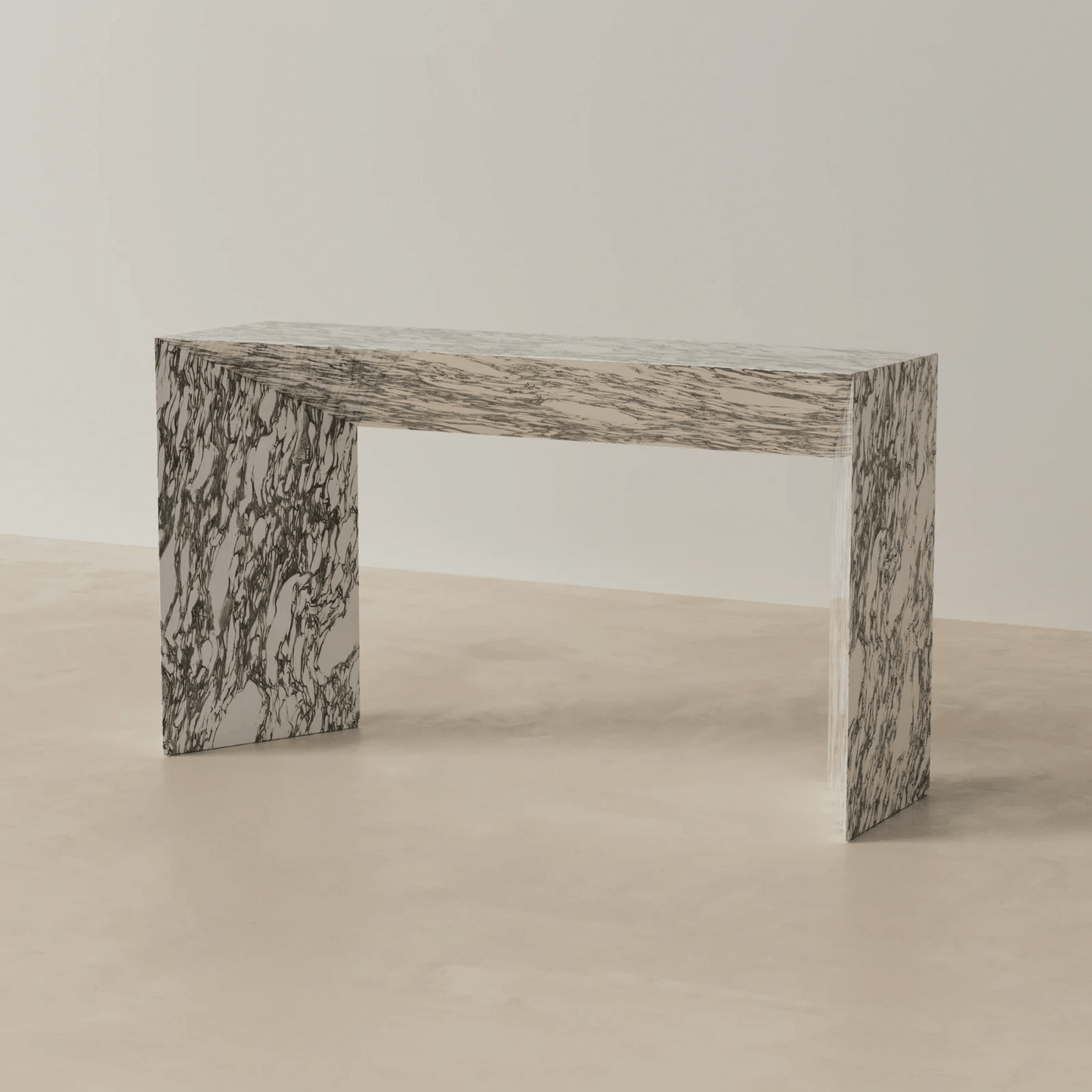 Side angle view of Arabescato console table with elegant marble-inspired veining, ideal for entryways, hallways, and modern interiors in UAE homes.