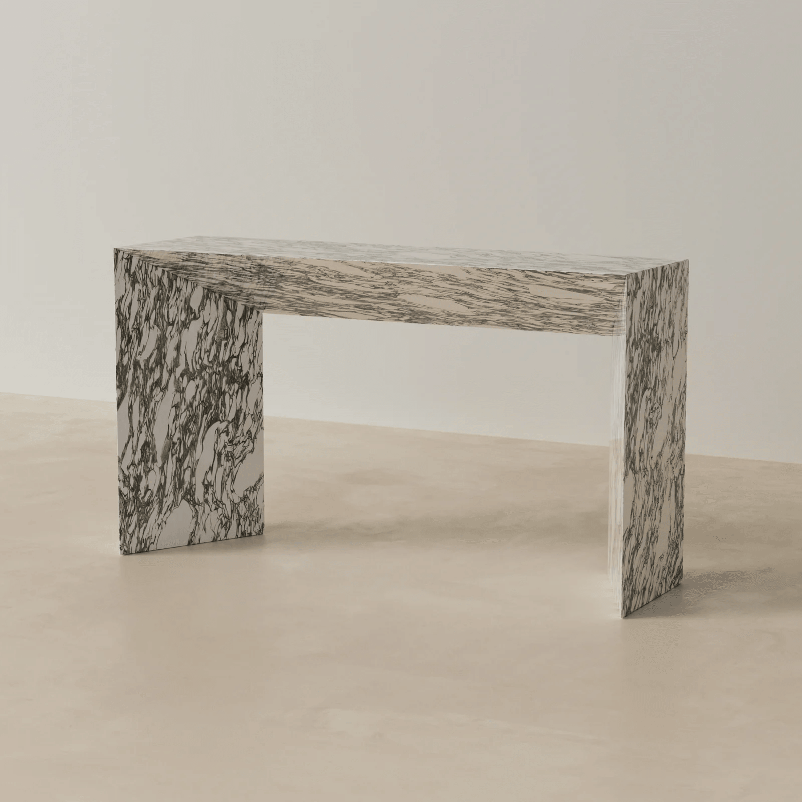 Side angle view of Arabescato console table with elegant marble-inspired veining, ideal for entryways, hallways, and modern interiors in UAE homes.