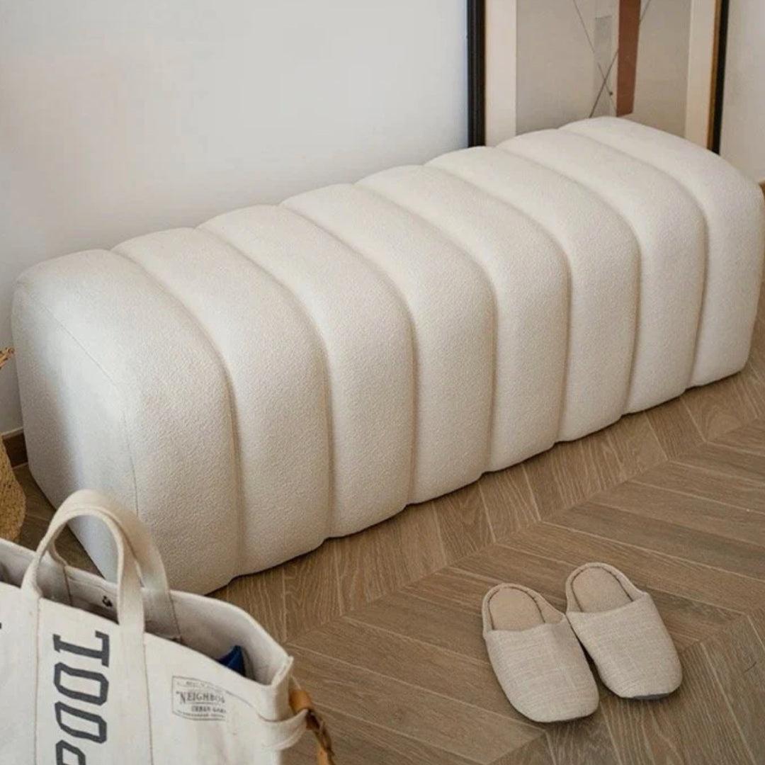 Fleece bench upholstered in premium bouclé fabric, modern ottoman bench for living rooms or entryways, perfect for stylish UAE interiors.