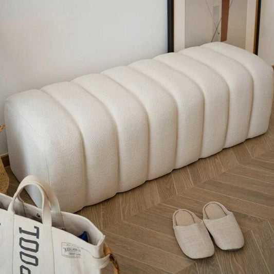 Fleece bench upholstered in premium bouclé fabric, modern ottoman bench for living rooms or entryways, perfect for stylish UAE interiors.