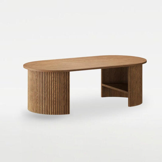 Modern Ivy Coffee Table Set with fluted wood design, featuring round edges and storage space. perfect for elegant UAE living rooms.