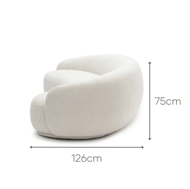 Nara Lounge Sofa with a curved design in off-white fabric, showcasing dimensions: 126cm width and 75cm height, perfect for modern living spaces in UAE.
