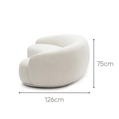 Nara Lounge Sofa with a curved design in off-white fabric, showcasing dimensions: 126cm width and 75cm height, perfect for modern living spaces in UAE.
