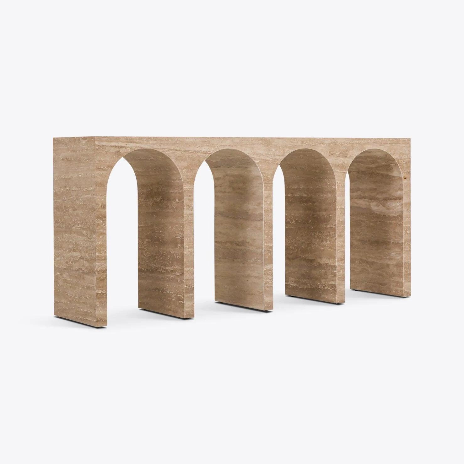 4-arch travertine console table crafted from natural travertine marble, perfect for modern entryways, hallways, or compact spaces.