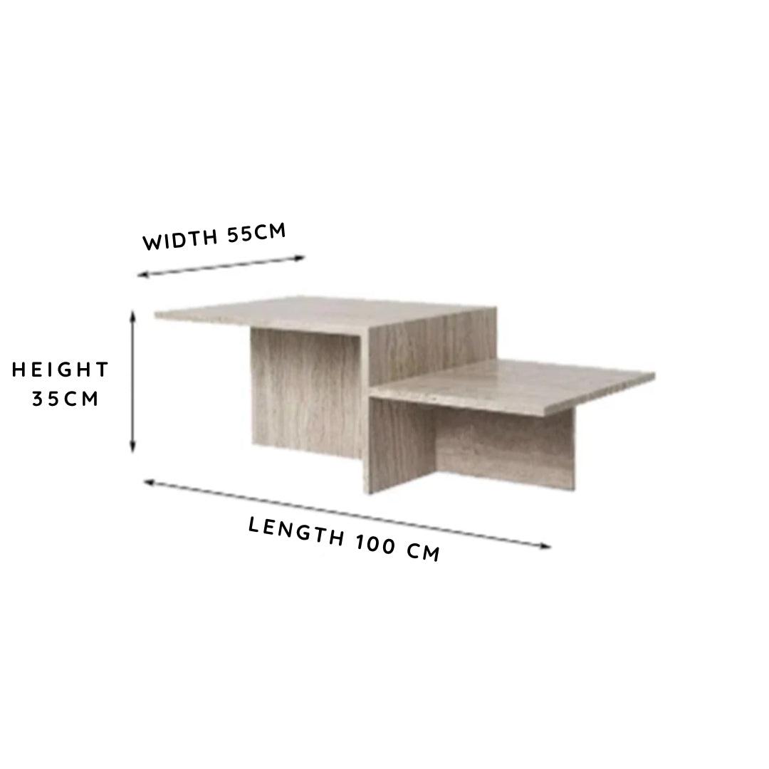 Soho Travertine Coffee Table, made from natural travertine limestone, features a uniquely inspired design with beige tones and a modern minimalist style, making it perfect for luxury living rooms in Dubai, Abu Dhabi, Sharjha