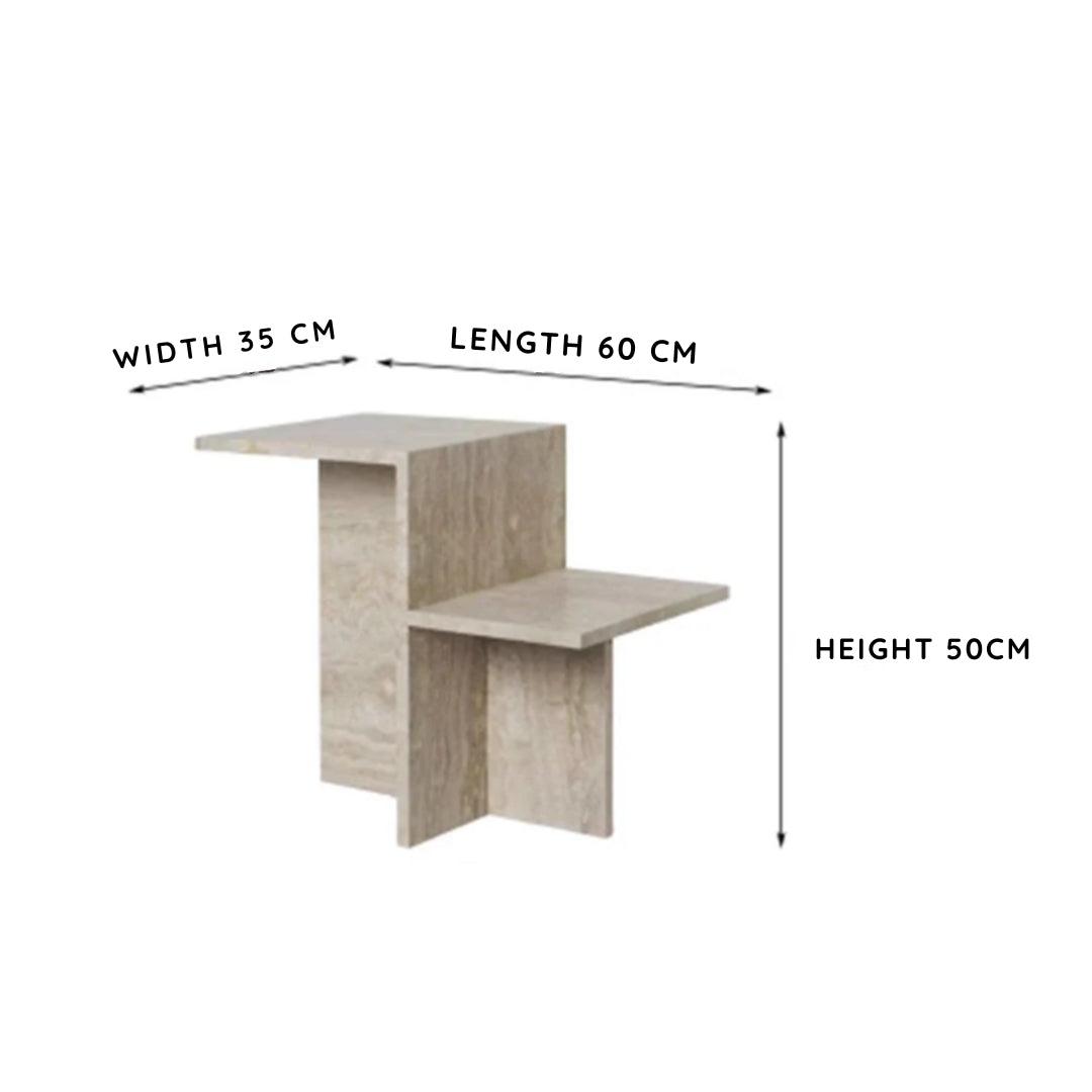 Soho Travertine Table, made from natural travertine limestone, features a uniquely inspired design with beige tones and a modern minimalist style, making it a perfect side table for luxury homes in UAE.