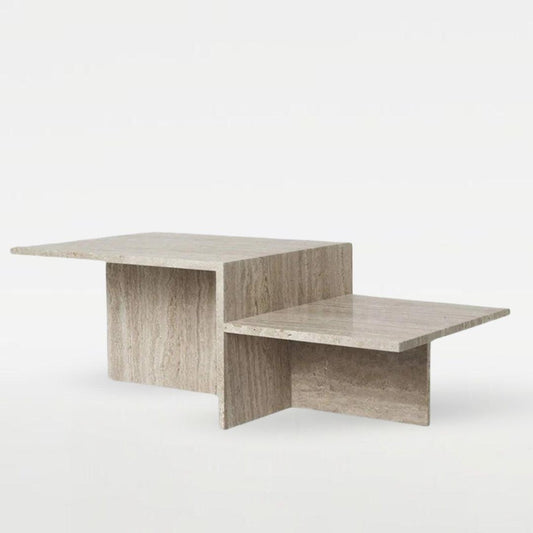 Soho Travertine Coffee Table, made from natural travertine limestone, features a uniquely inspired design with beige tones and a modern minimalist style, making it perfect for luxury living rooms in the UAE.