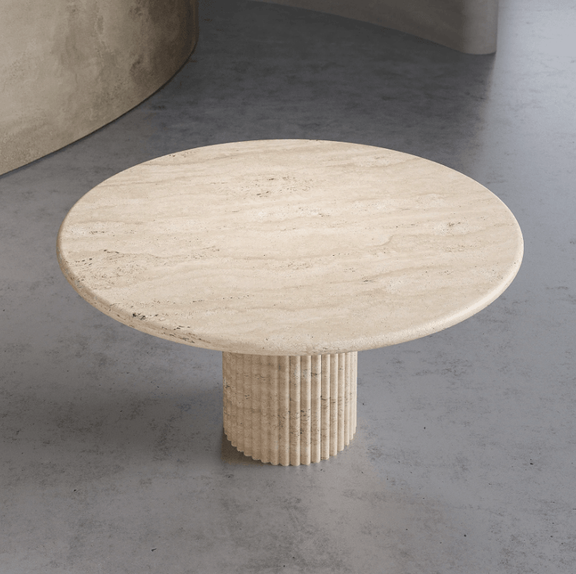 Top view of a round Travertine Marble Dining Table with a fluted pedestal, showcasing a natural stone finish for elegant dining spaces in UAE homes.
