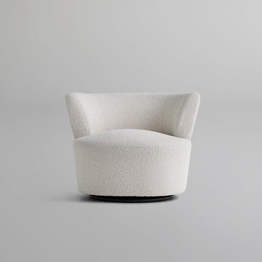 Front view of the Troi Boucle Armchair featuring boucle fabric upholstery and a modern, minimalist design, ideal for contemporary living spaces.