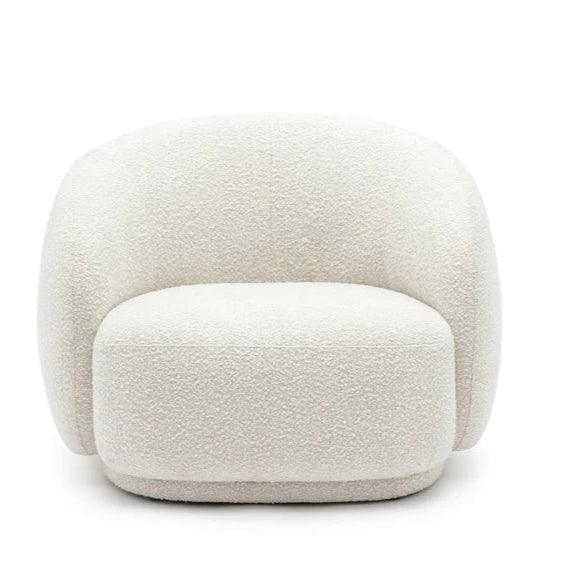 Front view of the Cloud Boucle Armchair, upholstered in white boucle fabric with a curved backrest and plush foam cushion, ideal for modern living rooms.