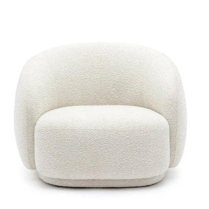 Front view of the Cloud Boucle Armchair, upholstered in white boucle fabric with a curved backrest and plush foam cushion, ideal for modern living rooms.