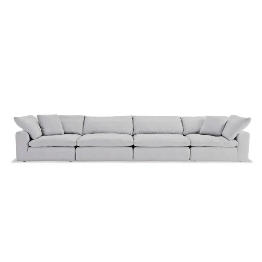 Feather Modular Cloud Sofa in light grey linen fabric, featuring an extended modular design. Perfect for spacious modern living rooms in UAE.