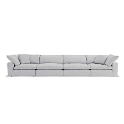 Feather Modular Cloud Sofa in light grey linen fabric, featuring an extended modular design. Perfect for spacious modern living rooms in UAE.